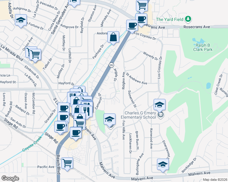 map of restaurants, bars, coffee shops, grocery stores, and more near 8206 Gordon Green in Buena Park