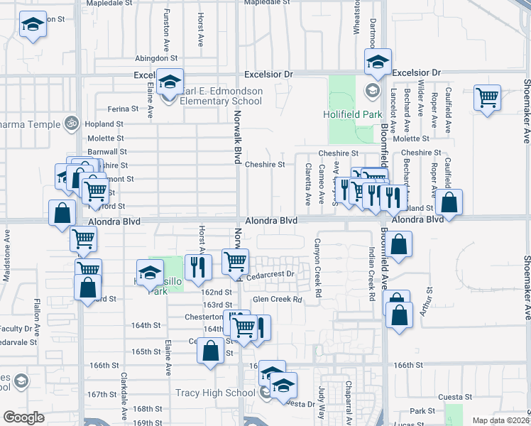 map of restaurants, bars, coffee shops, grocery stores, and more near 12245 Alondra Boulevard in Norwalk