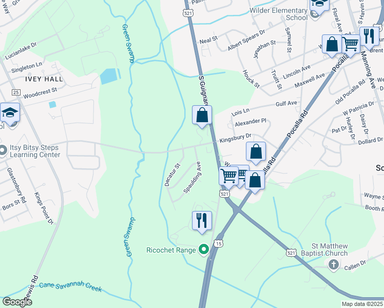 map of restaurants, bars, coffee shops, grocery stores, and more near 1005 Spaulding Avenue in Sumter