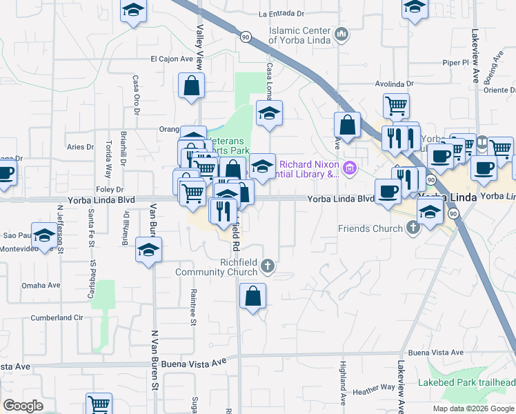 map of restaurants, bars, coffee shops, grocery stores, and more near 5015 Marshburn Circle in Yorba Linda