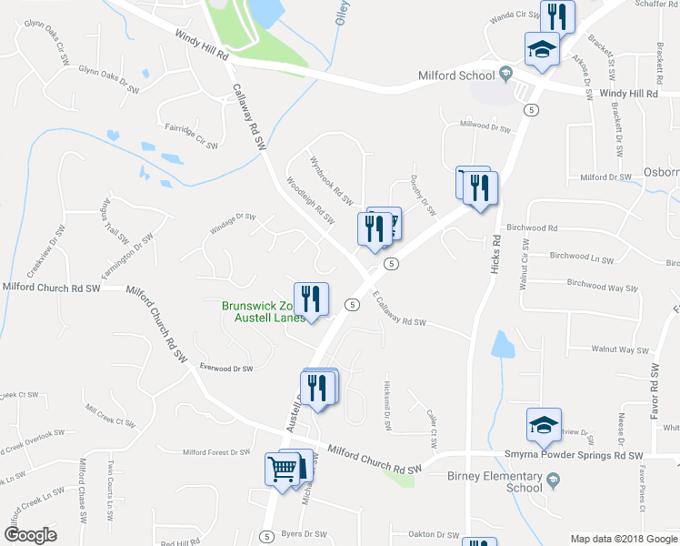 map of restaurants, bars, coffee shops, grocery stores, and more near 2676 Windage Drive Southwest in Marietta