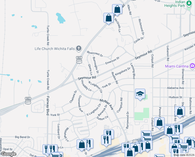 map of restaurants, bars, coffee shops, grocery stores, and more near 4221 Seymour Road in Wichita Falls