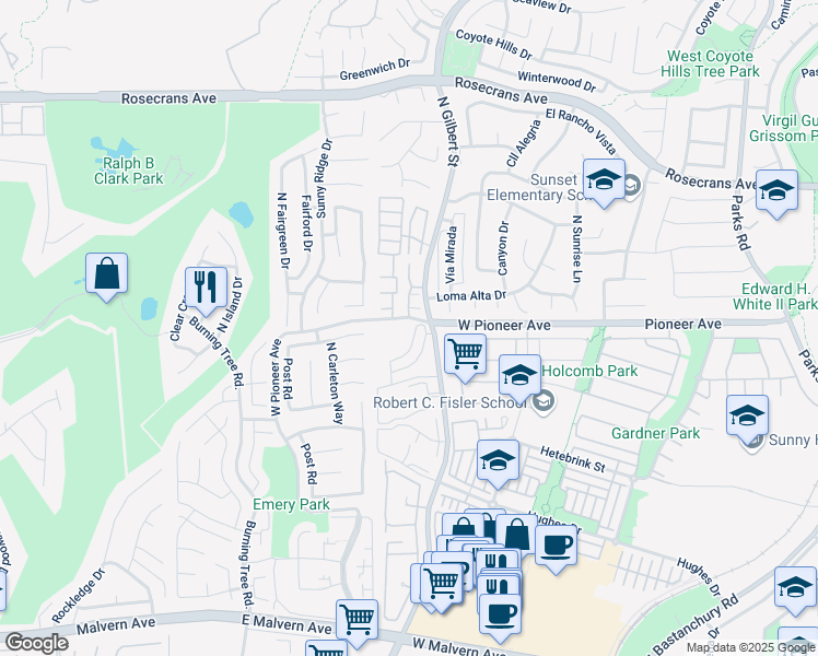 map of restaurants, bars, coffee shops, grocery stores, and more near 2437 Daphne Place in Fullerton