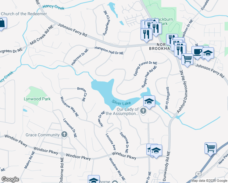 map of restaurants, bars, coffee shops, grocery stores, and more near 1315 Ragley Hall Road Northeast in Atlanta