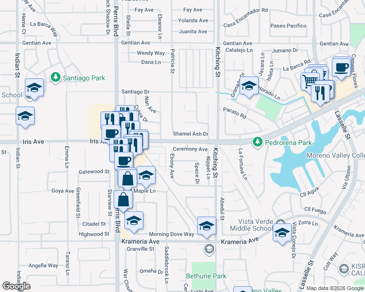 map of restaurants, bars, coffee shops, grocery stores, and more near 25342 Ceremony Avenue in Moreno Valley