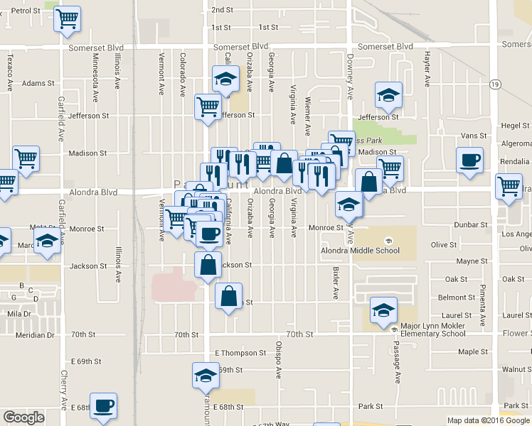 map of restaurants, bars, coffee shops, grocery stores, and more near 15937 Georgia Avenue in Paramount