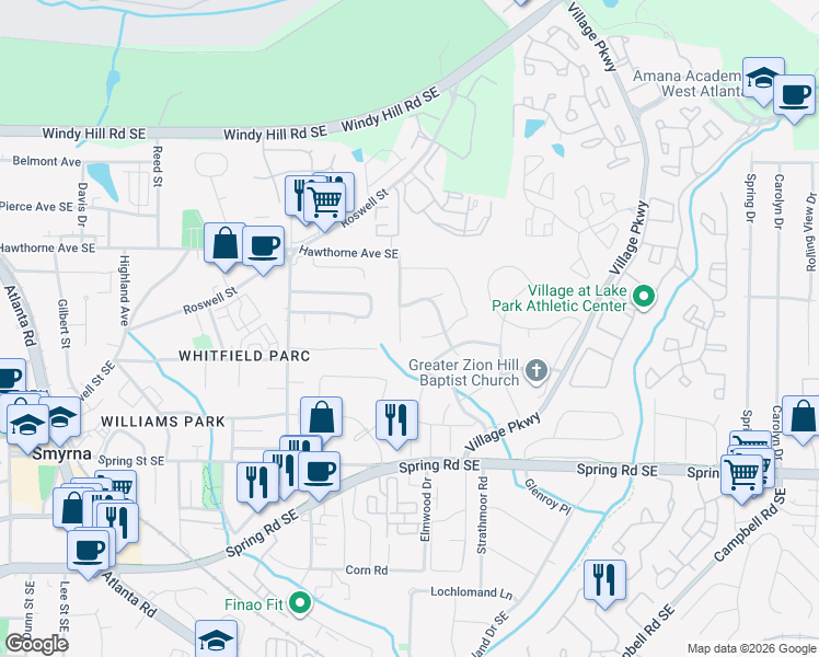 map of restaurants, bars, coffee shops, grocery stores, and more near 2613 Davenport Street in Smyrna