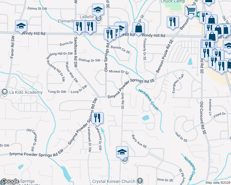 map of restaurants, bars, coffee shops, grocery stores, and more near 45 Smyrna Powder Springs Road Southeast in Marietta