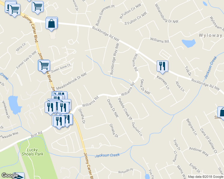 map of restaurants, bars, coffee shops, grocery stores, and more near 817 Rockbridge Way Northwest in Norcross