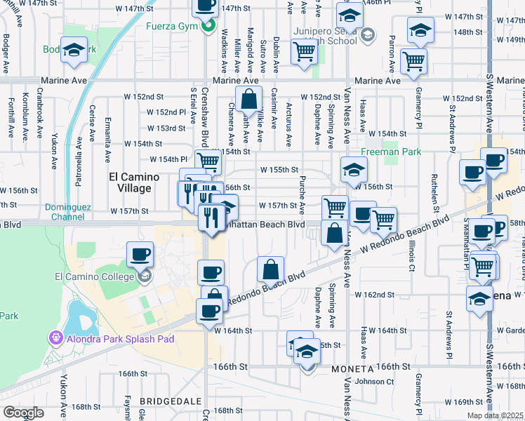 map of restaurants, bars, coffee shops, grocery stores, and more near 2630 West 157th Street in Gardena