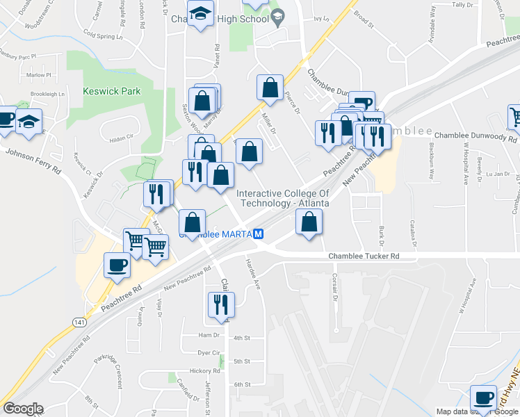 map of restaurants, bars, coffee shops, grocery stores, and more near 5198 Peachtree Road in Atlanta