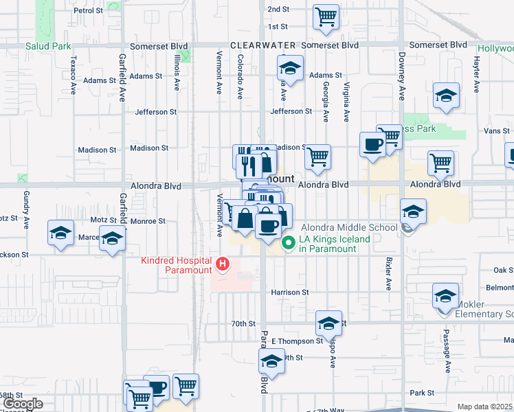 map of restaurants, bars, coffee shops, grocery stores, and more near 15932 Colorado Avenue in Paramount