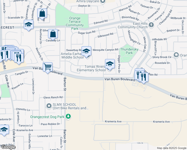 map of restaurants, bars, coffee shops, grocery stores, and more near 8974 Douglas Fir Circle in Riverside