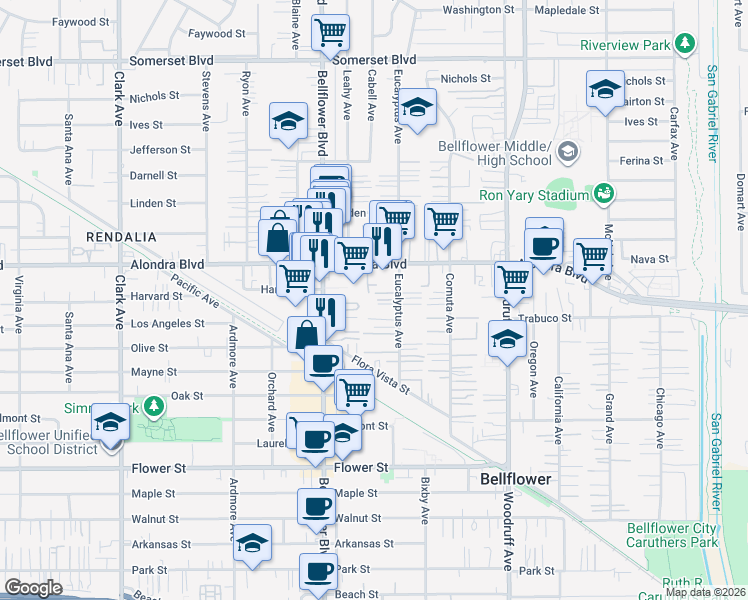 map of restaurants, bars, coffee shops, grocery stores, and more near 16115 1/4 Eucalyptus Avenue in Bellflower