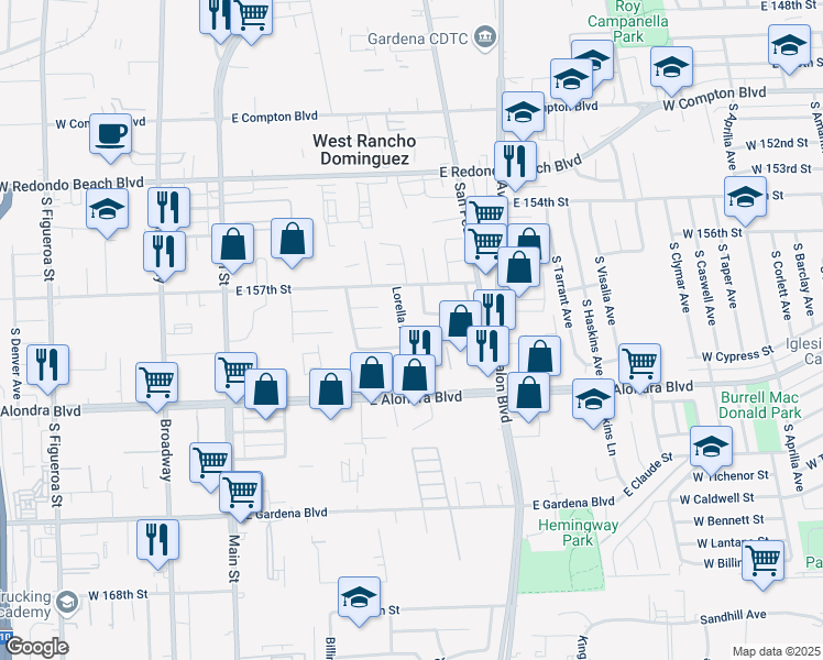 map of restaurants, bars, coffee shops, grocery stores, and more near 15814 Lorella Avenue in Gardena