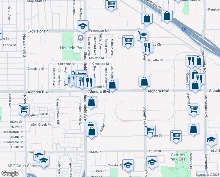 map of restaurants, bars, coffee shops, grocery stores, and more near 12738 Oland Street in Norwalk