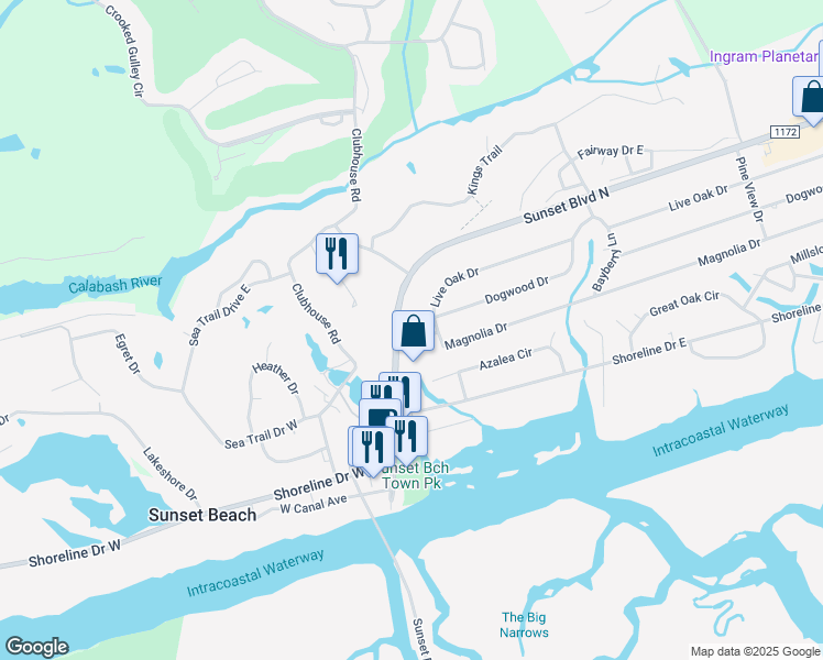 map of restaurants, bars, coffee shops, grocery stores, and more near 502 Sunset Boulevard North in Sunset Beach