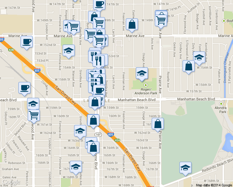 map of restaurants, bars, coffee shops, grocery stores, and more near 2 Larch Avenue in Lawndale