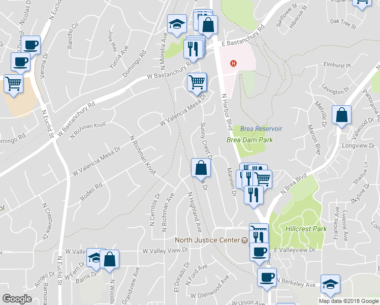 map of restaurants, bars, coffee shops, grocery stores, and more near 1521 Avolencia Drive in Fullerton