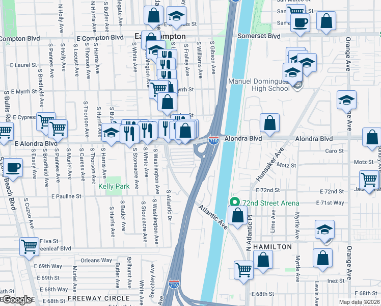 map of restaurants, bars, coffee shops, grocery stores, and more near 16002 Atlantic Avenue in Compton