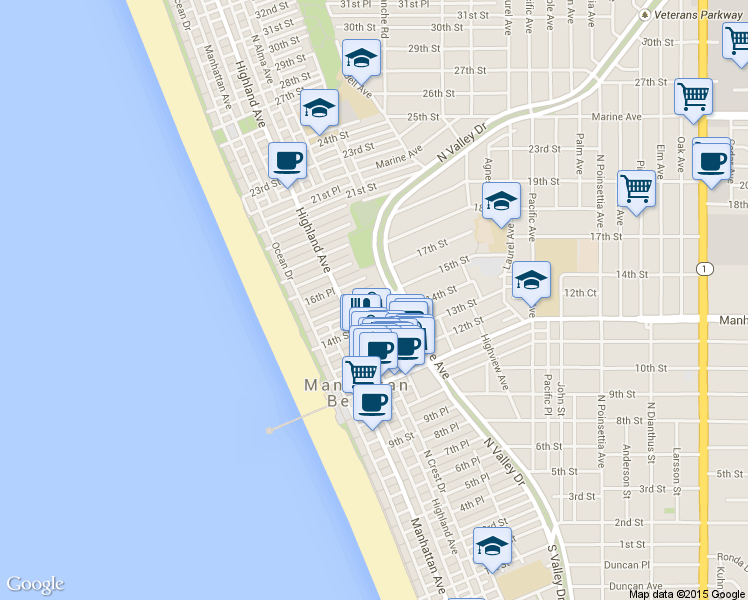 map of restaurants, bars, coffee shops, grocery stores, and more near 405 15th Street in Manhattan Beach