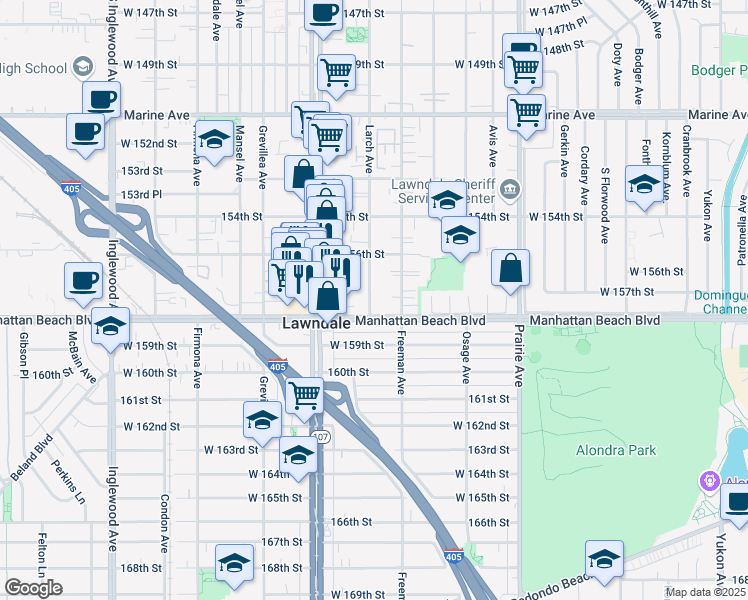 map of restaurants, bars, coffee shops, grocery stores, and more near 15716 Larch Avenue in Lawndale