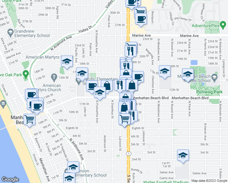 map of restaurants, bars, coffee shops, grocery stores, and more near 1201 Elm Avenue in Manhattan Beach