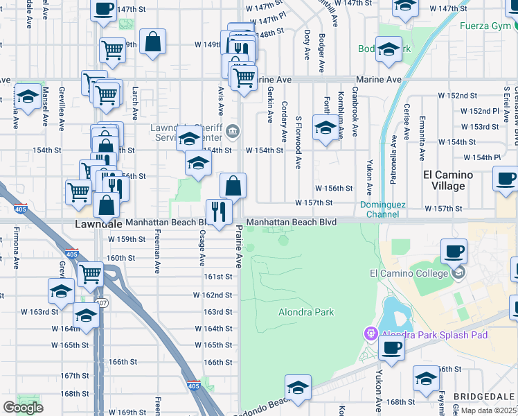 map of restaurants, bars, coffee shops, grocery stores, and more near 3922 West 157th Street in Lawndale