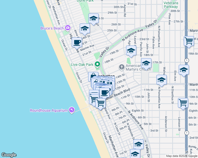 map of restaurants, bars, coffee shops, grocery stores, and more near 405 15th Street in Manhattan Beach