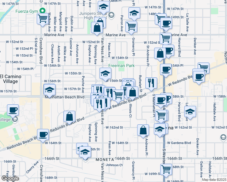 map of restaurants, bars, coffee shops, grocery stores, and more near 2109 West 157th Street in Gardena