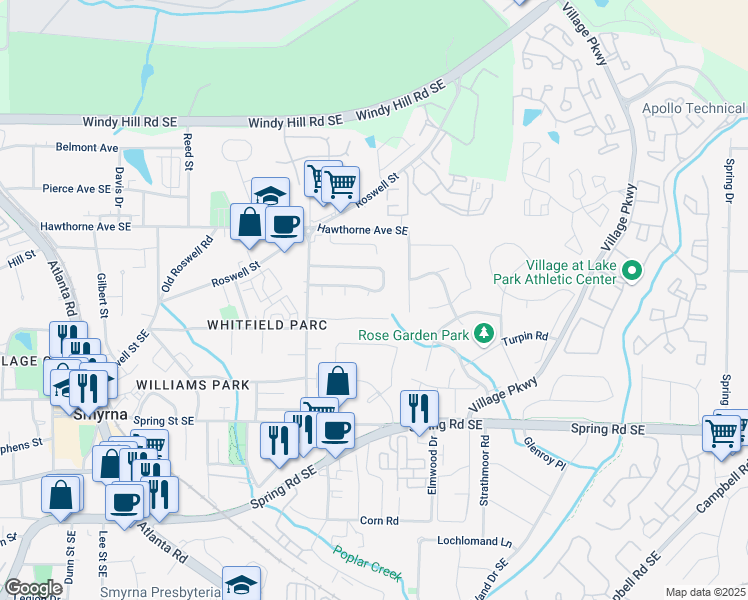 map of restaurants, bars, coffee shops, grocery stores, and more near 1531 Springleaf Cove Southeast in Smyrna