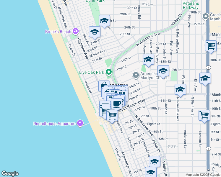 map of restaurants, bars, coffee shops, grocery stores, and more near in Manhattan Beach