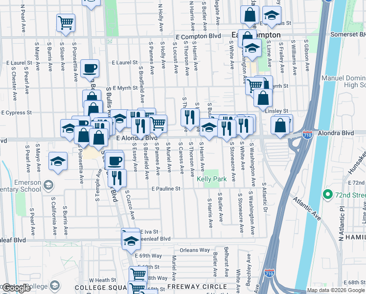 map of restaurants, bars, coffee shops, grocery stores, and more near 15947 South Caress Avenue in Compton