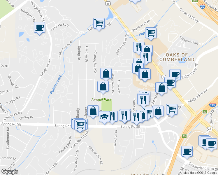 map of restaurants, bars, coffee shops, grocery stores, and more near 1269 Creekside Court in Smyrna