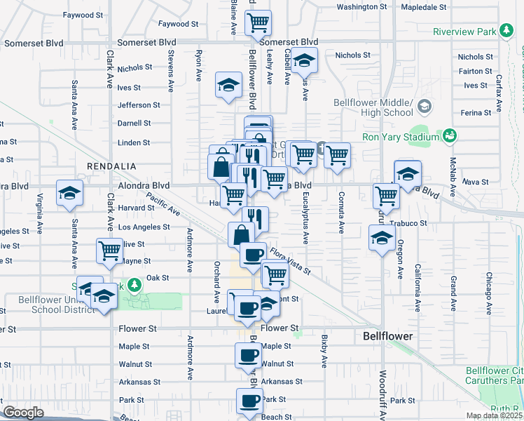 map of restaurants, bars, coffee shops, grocery stores, and more near 16102 Bellflower Boulevard in Bellflower