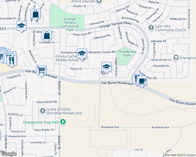 map of restaurants, bars, coffee shops, grocery stores, and more near 8973 Coyote Bush Road in Riverside