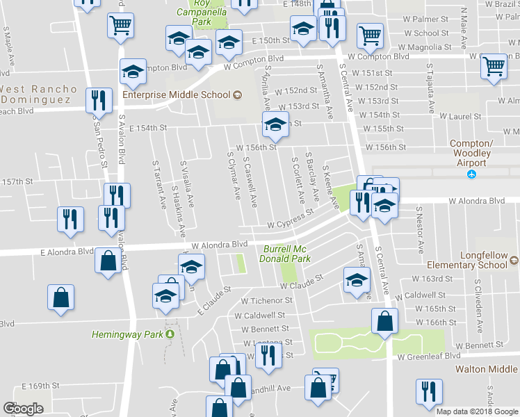 map of restaurants, bars, coffee shops, grocery stores, and more near 712 South Caswell Avenue in Compton