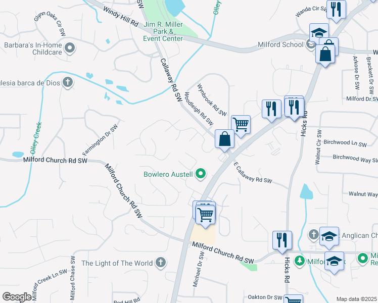 map of restaurants, bars, coffee shops, grocery stores, and more near 2705 Waymar Drive Southwest in Marietta