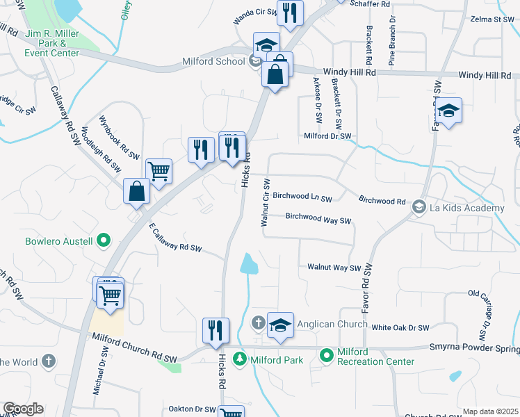 map of restaurants, bars, coffee shops, grocery stores, and more near 860 Walnut Circle Southwest in Marietta