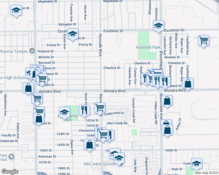 map of restaurants, bars, coffee shops, grocery stores, and more near 12245 Alondra Boulevard in Norwalk