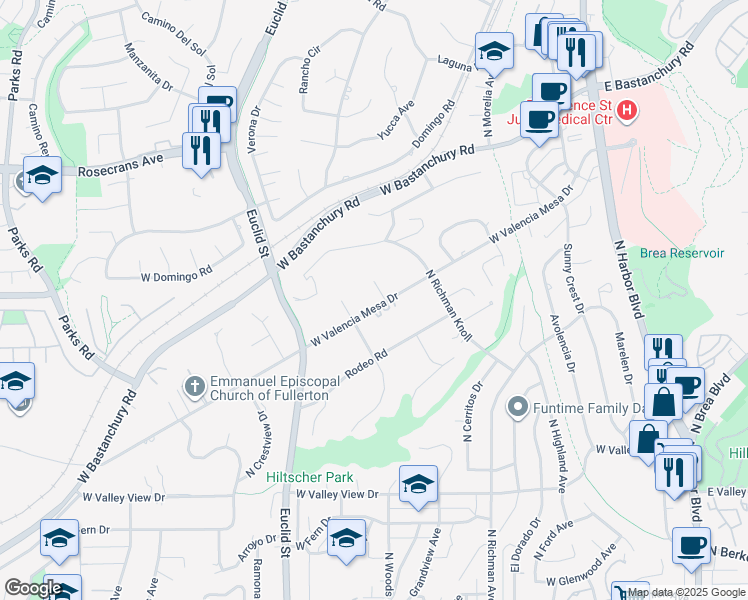 map of restaurants, bars, coffee shops, grocery stores, and more near 1301 Fox Drive in Fullerton