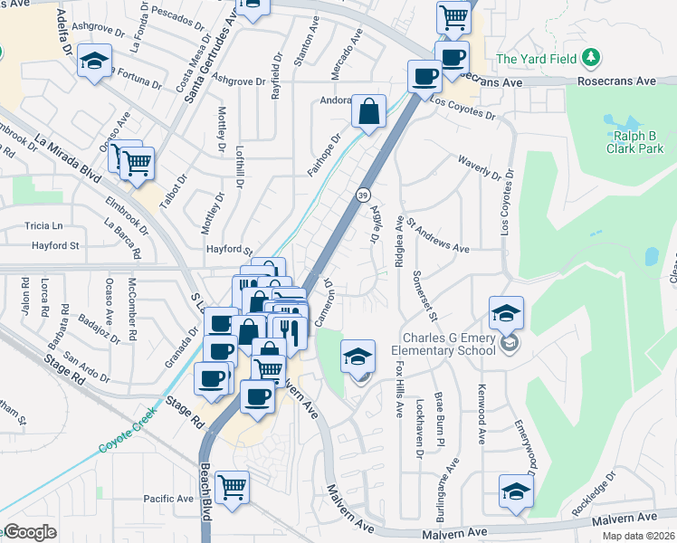 map of restaurants, bars, coffee shops, grocery stores, and more near 8135 Keith Green in Buena Park