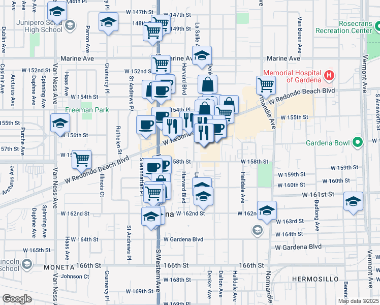 map of restaurants, bars, coffee shops, grocery stores, and more near 15729 La Salle Avenue in Gardena