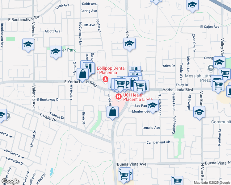 map of restaurants, bars, coffee shops, grocery stores, and more near 1156 East Yorba Linda Boulevard in Placentia