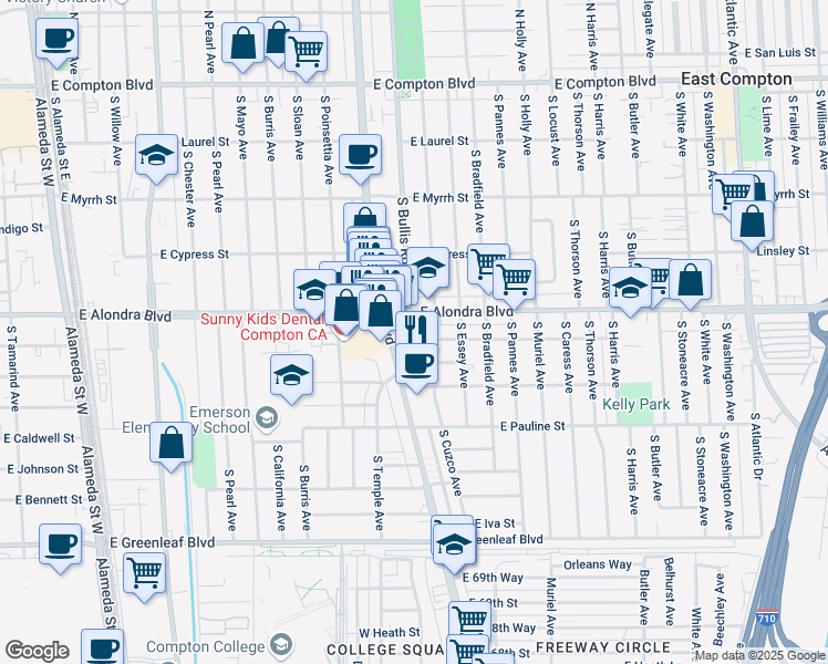 map of restaurants, bars, coffee shops, grocery stores, and more near 15918 South Bullis Road in Compton