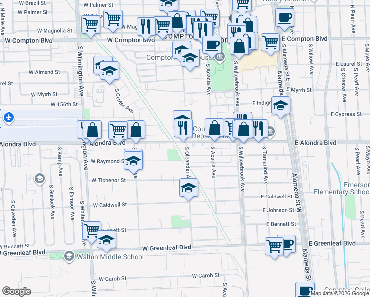 map of restaurants, bars, coffee shops, grocery stores, and more near 909 South Oleander Avenue in Compton
