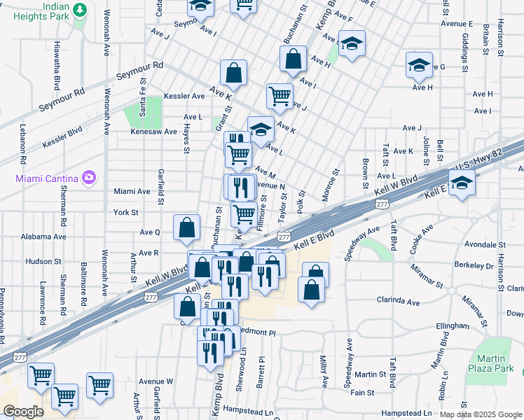 map of restaurants, bars, coffee shops, grocery stores, and more near 2499 Avenue O in Wichita Falls