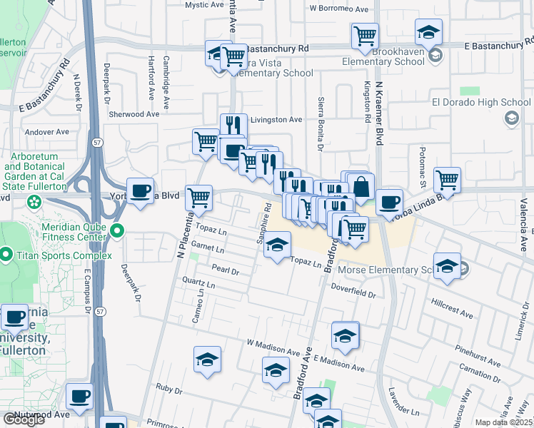 map of restaurants, bars, coffee shops, grocery stores, and more near 1829 Sapphire Road in Fullerton