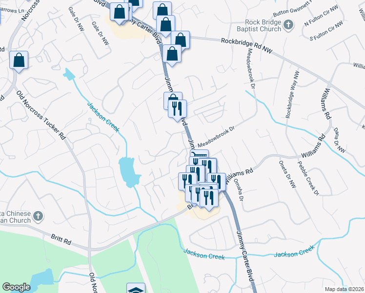 map of restaurants, bars, coffee shops, grocery stores, and more near 3201 Sunrise Village Lane in Norcross