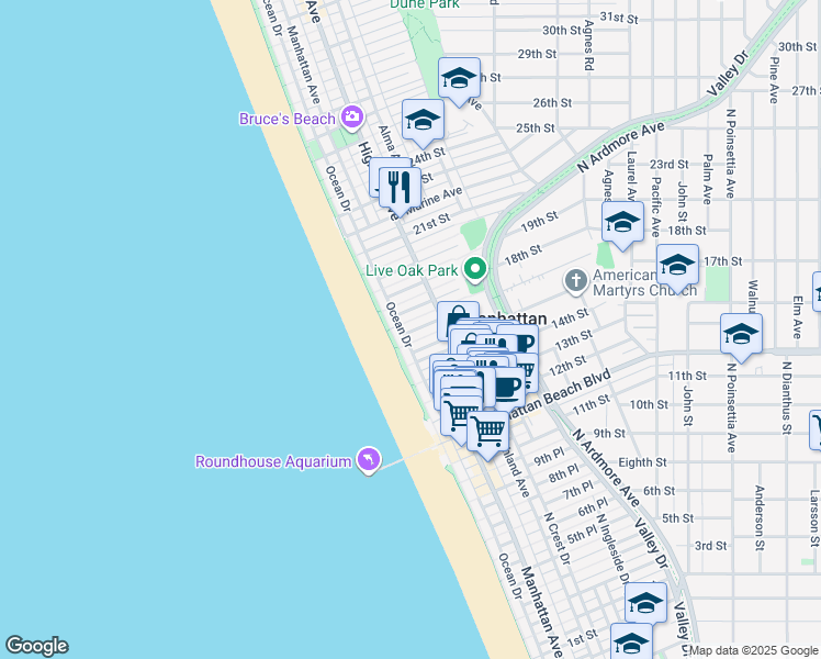 map of restaurants, bars, coffee shops, grocery stores, and more near 120 16th Place in Manhattan Beach